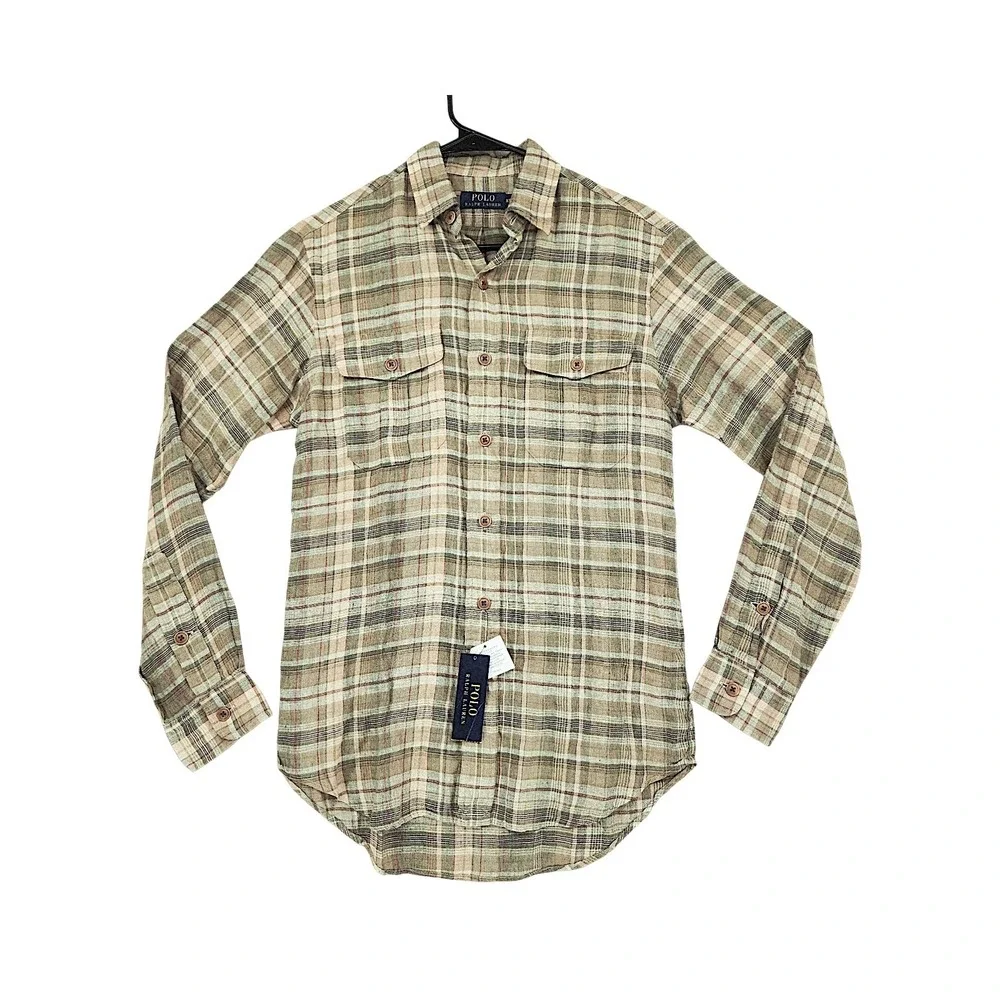 Polo Ralph Lauren Linen Button Down Shirt XS Men Fern Red Plaid Great Escape NEW